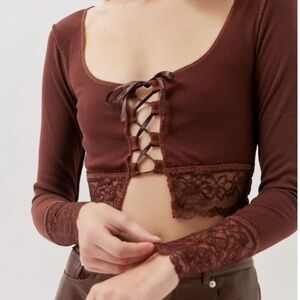 Urban outfitters crop sweater Brown Lace-Up Crop Top